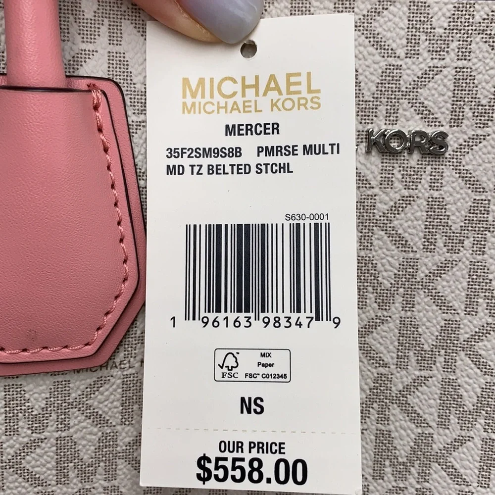 MICHAEL KORS MERCER MEDIUM TOP ZIP BELTED SATCHEL PRIMROSE MULTI SIGNATURE